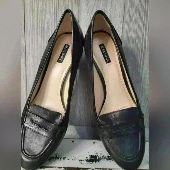 Alex Marie Black Leather Loafers Block Heel Size 8M - Picture 1 of 12